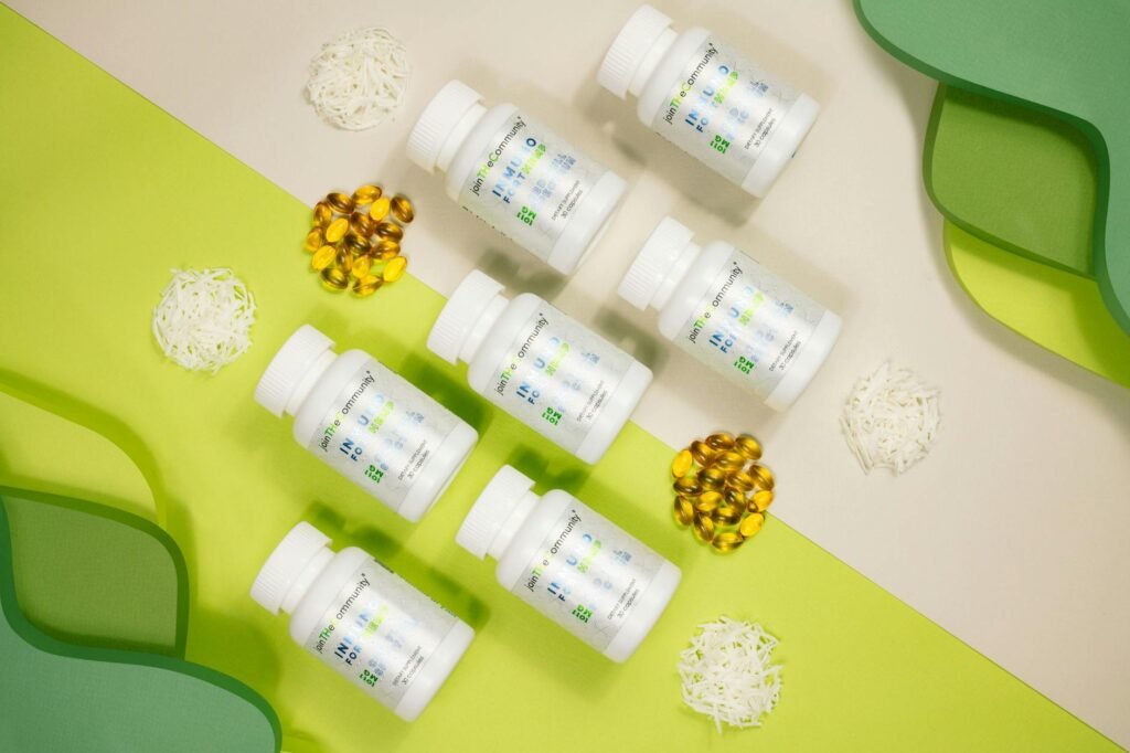 Several plain supplement bottles arranged to show ingredient panels instead of brand names.