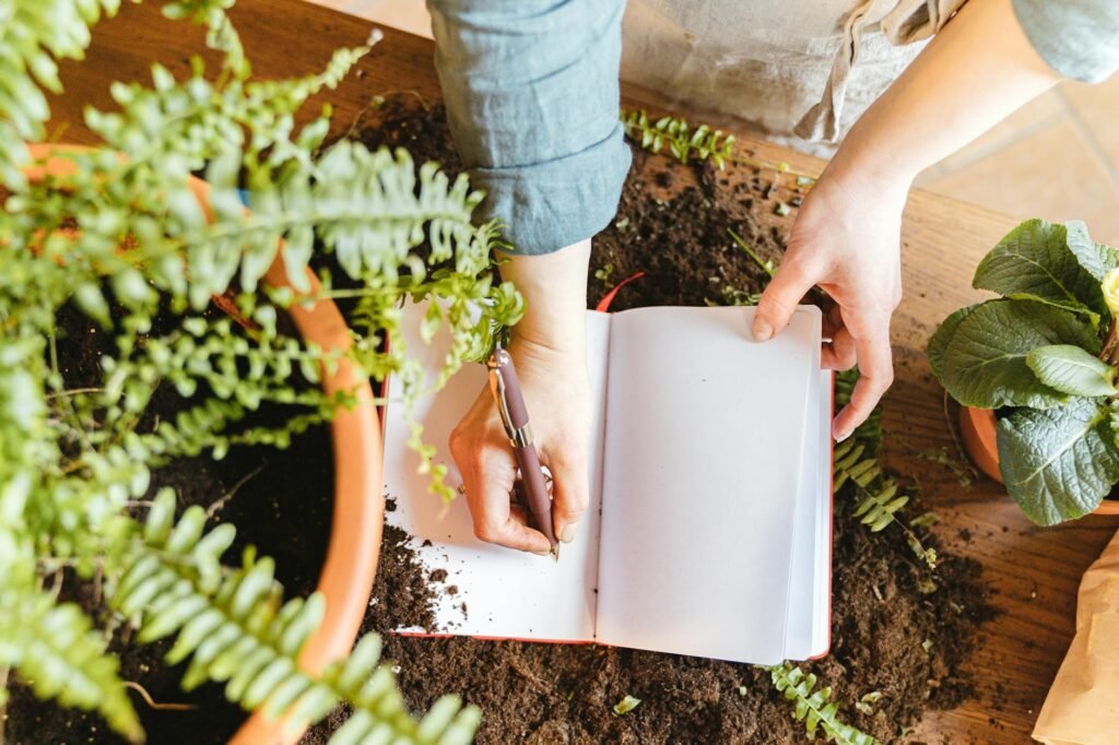 A notebook open beside labeled potted herbs on a small outdoor table.