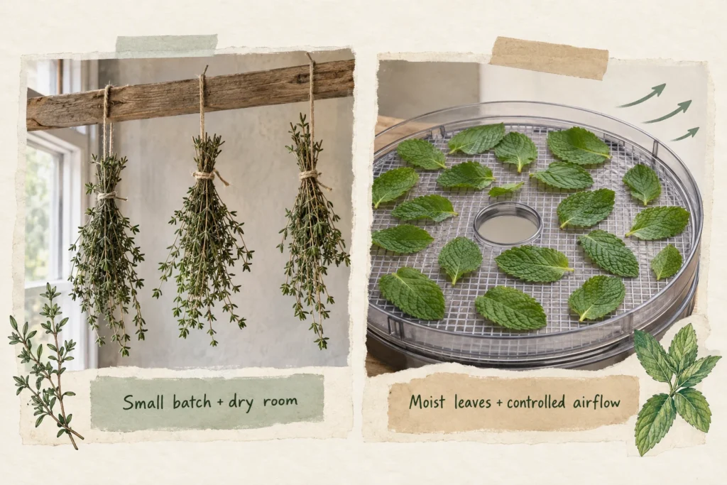 Loose thyme bundles for air-drying beside mint leaves spaced on a dehydrator tray.