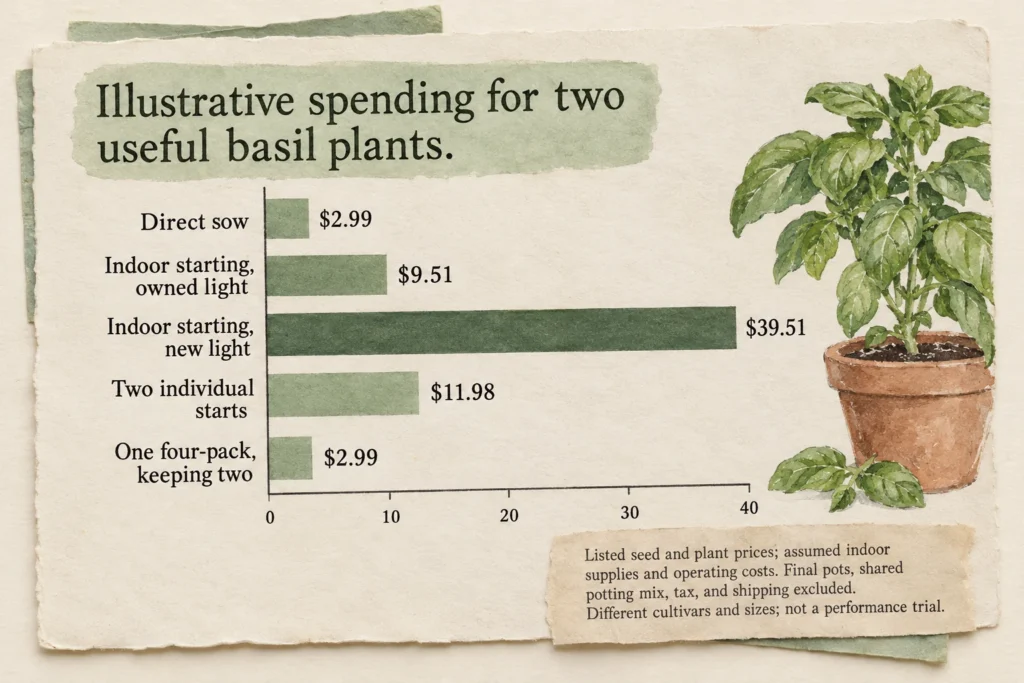 Illustrative spending ranges from $2.99 for direct sowing or a four-pack to $39.51 for indoor seed starting with a newly purchased light.