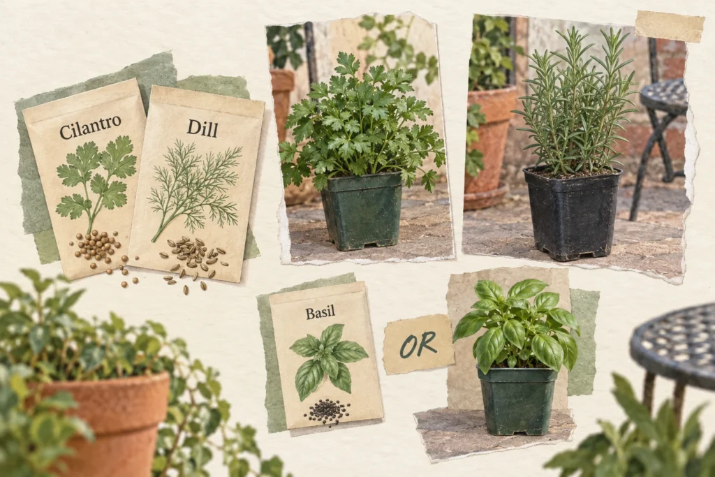 Cilantro and dill seeds beside parsley and rosemary starts, with basil represented by both a seed packet and a starter plant.