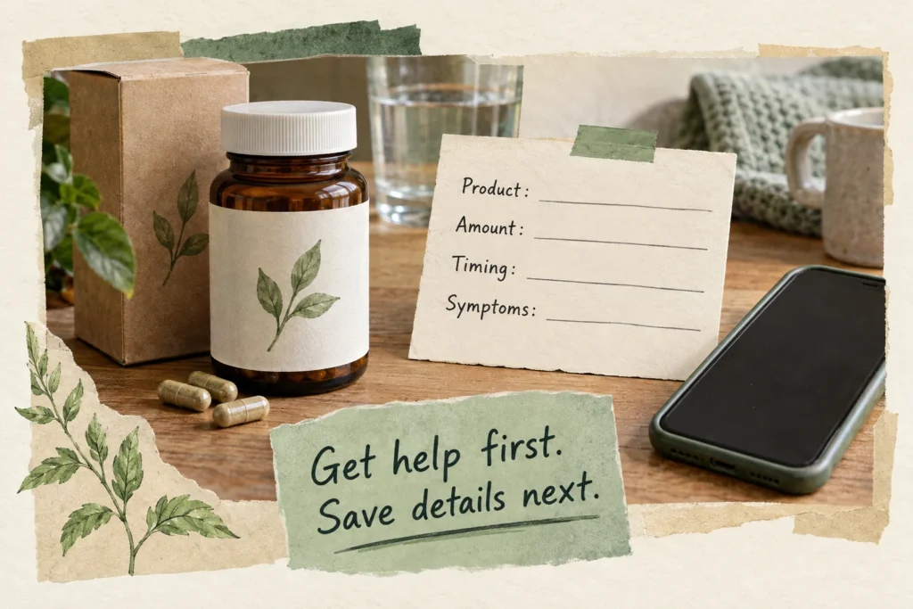 Supplement packaging, a phone, and notes for recording the product, amount, timing, and symptoms.