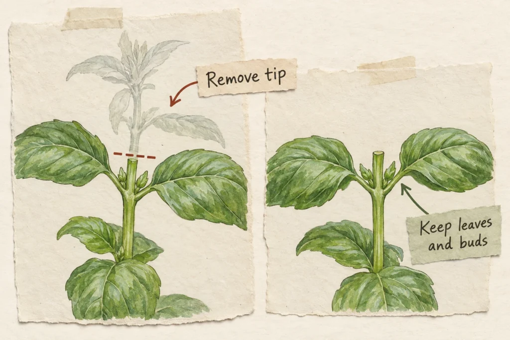 Basil tip removed above a leaf pair, leaving the leaves and side buds below intact.