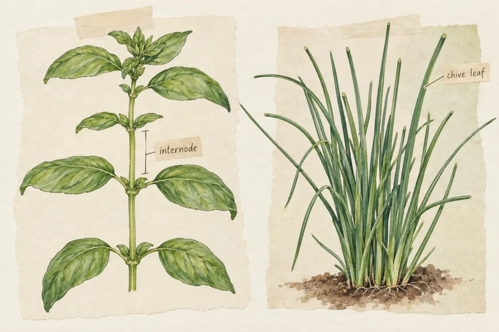 Basil leaf pairs separated by a stem interval beside naturally long chive leaves.