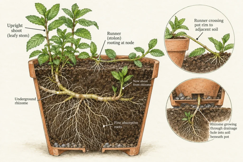 Cutaway mint pot showing leafy branches, runners, rhizomes, fine roots, and escape routes at the rim and drainage hole.